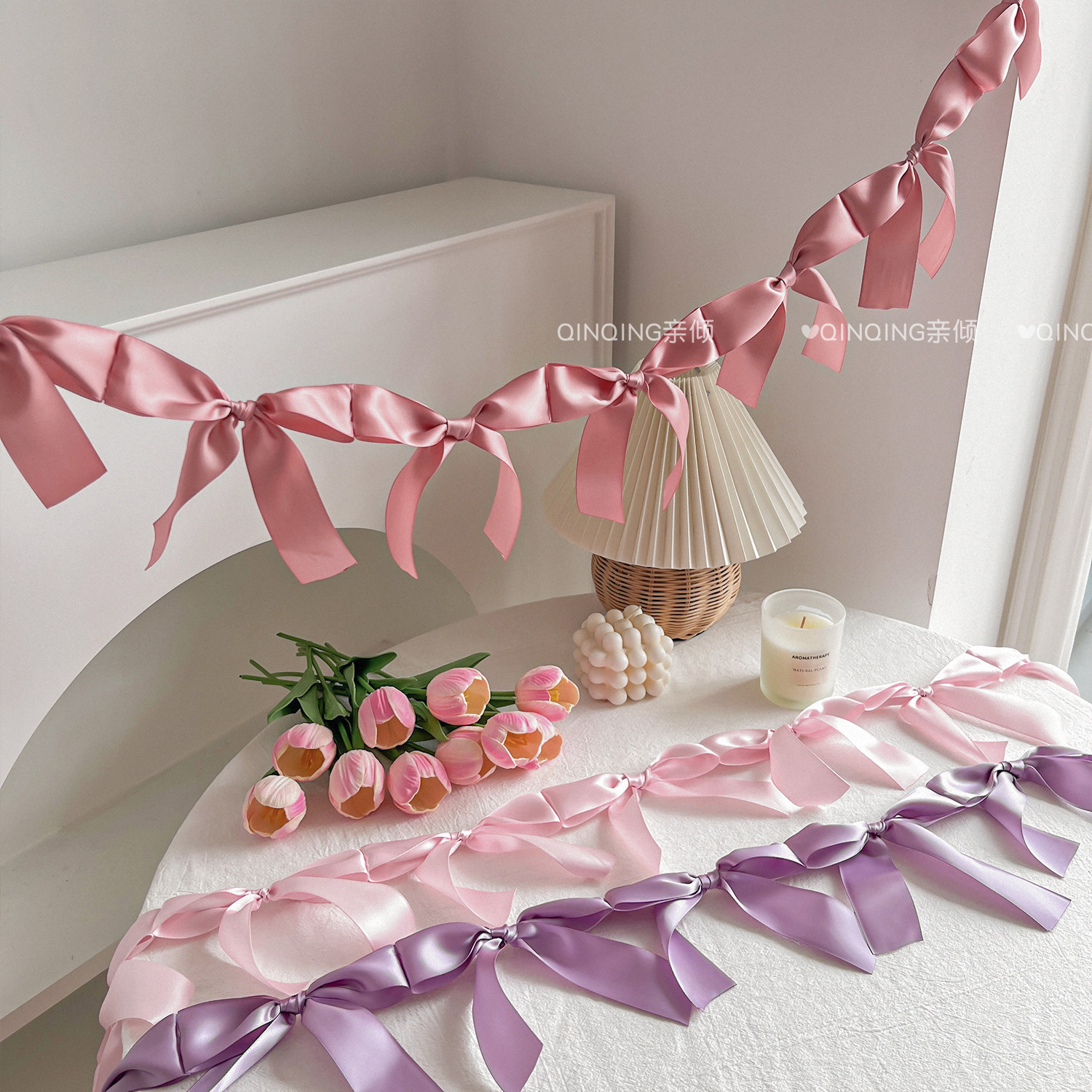 ins风粉色丝带蝴蝶结拉旗女孩儿童生日派对装饰布置拍照横幅拉花