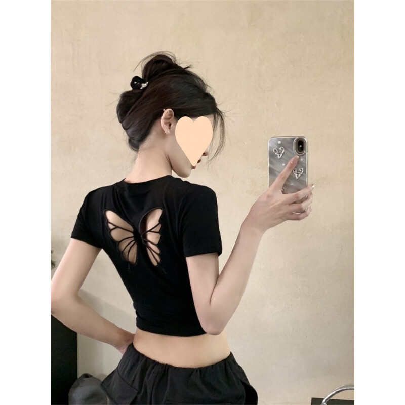 辣妹黑色纯欲风蝴蝶刺绣美背镂空短袖女带胸垫夏季修身短款上衣女