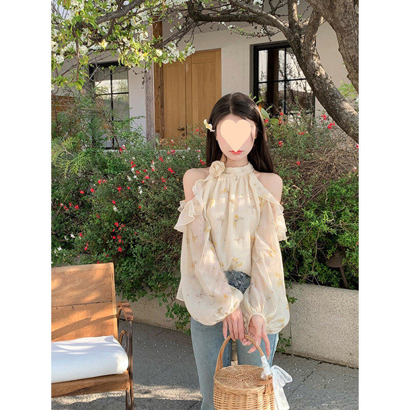 仙女露肩挂脖泡泡袖上衣衬衫高级感气质名媛设计感小众雪纺上衣