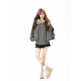 Basterds美式座山雕棉服外套女冬季新款加绒毛领连帽保暖短款棉衣