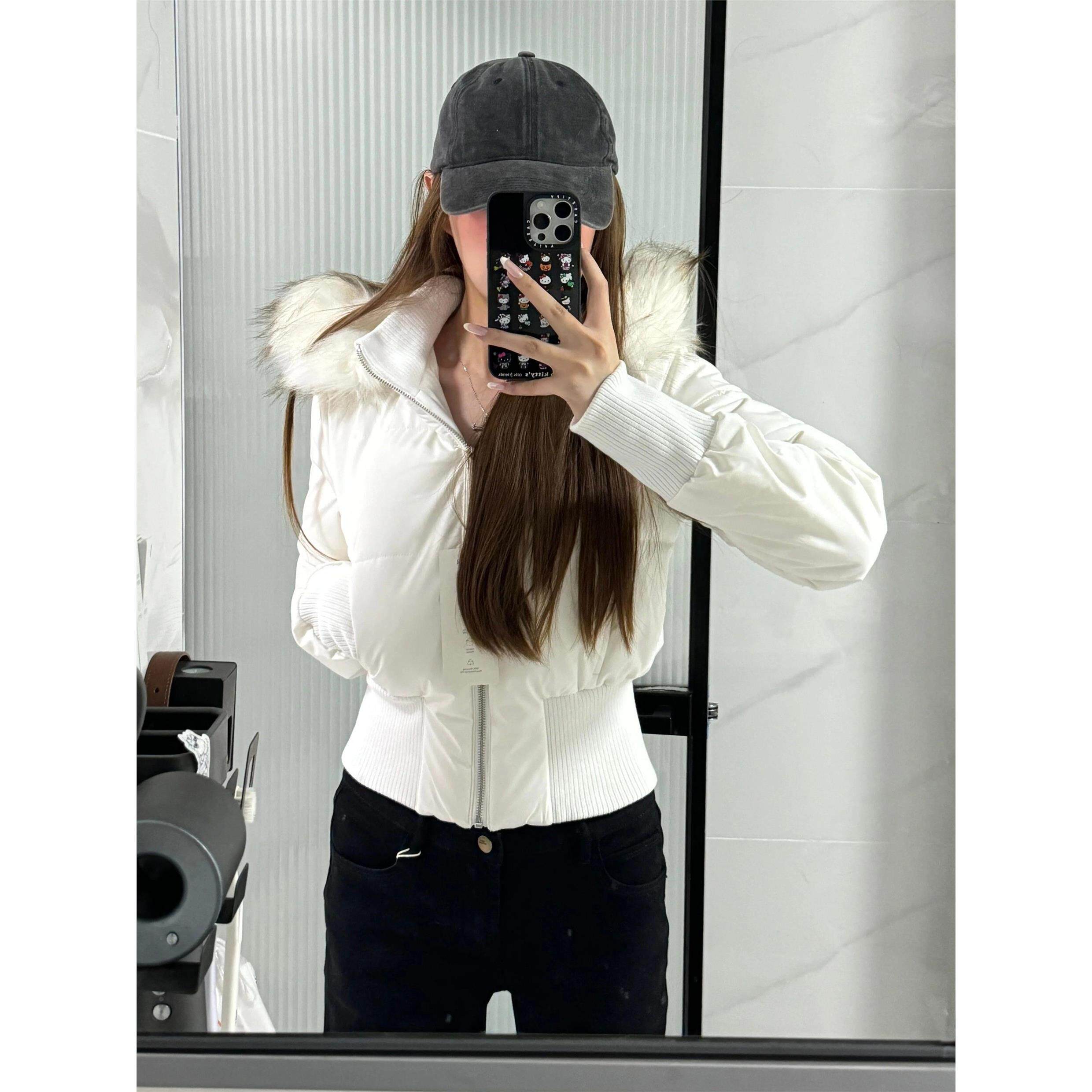 美式毛领连帽羽绒棉服女冬季新款加厚韩版收腰短款小个子棉衣外套