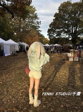 FENNI STUDIO千禧 原创小熊小兔可拆卸毛领拉炼连帽外套加绒短款