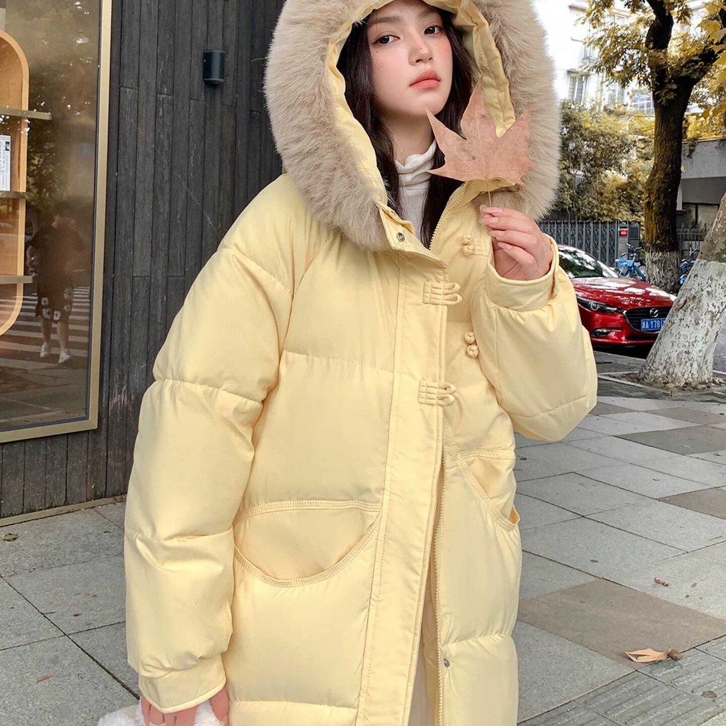 大毛领羽绒中长款棉服女2025冬季新款加厚过膝棉袄小个子棉衣外套