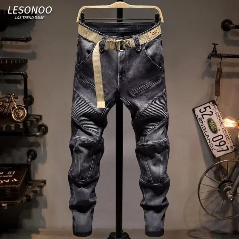 美式新款机车牛仔裤男士潮牌拼接重工深灰色弹力修身小脚长裤潮