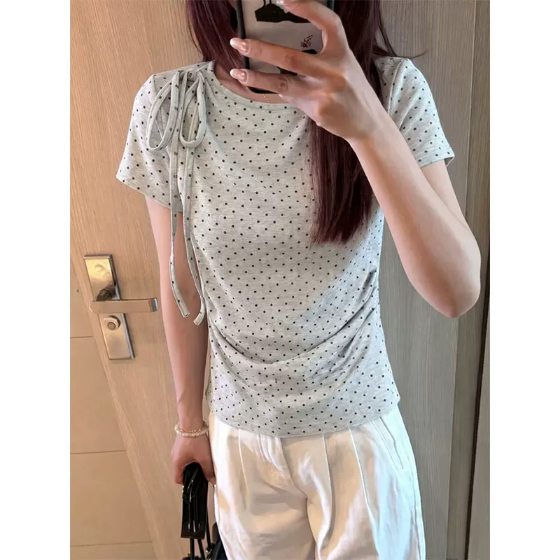 韩系满印波点绑带修身短上衣女