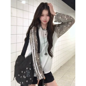 美式复古拼接波点撞色长袖t恤女夏季薄款宽松百搭防晒罩衫上衣潮