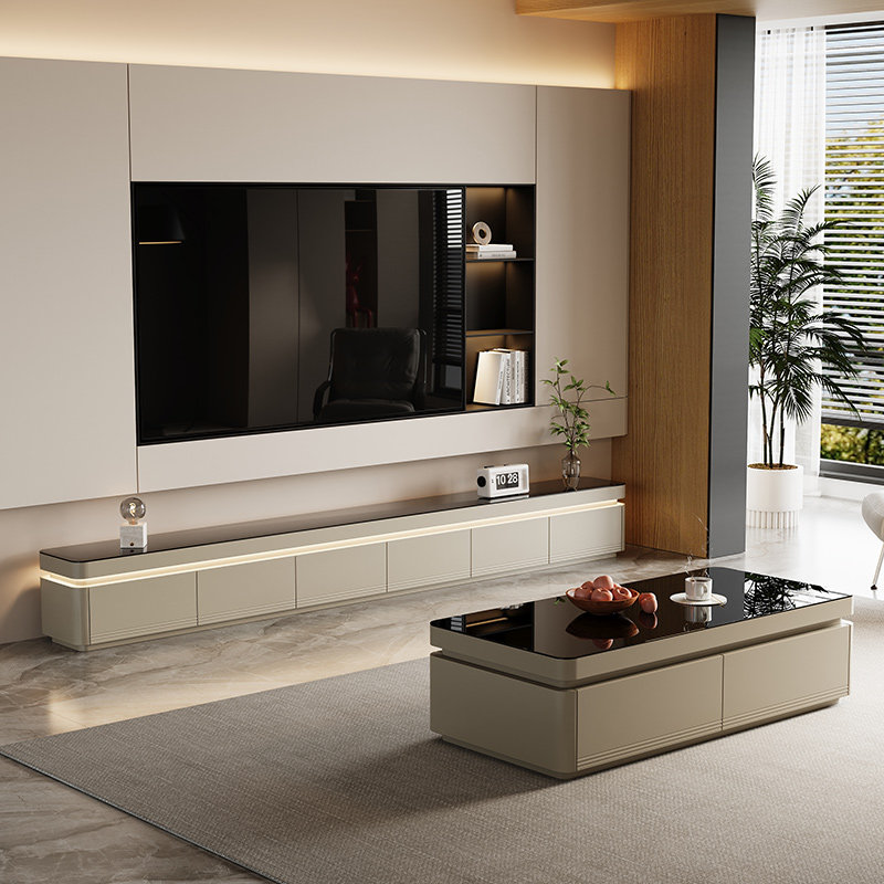 现代轻奢落地电视柜茶几组合高级感2025新款实木意式极简电视机柜