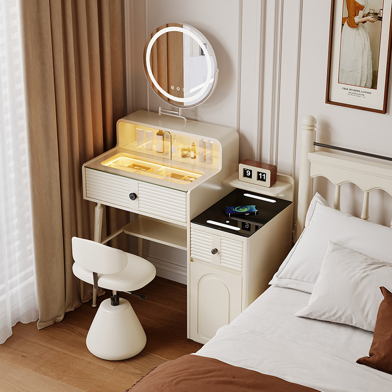 实木奶油风梳妆台多功能带无线充