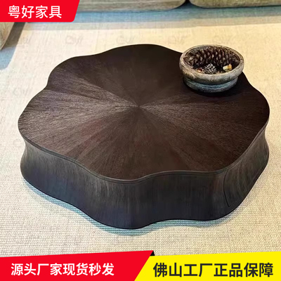 意式极简圆形茶几实木储物复古风深色高级感客厅睡莲别墅茶几组合