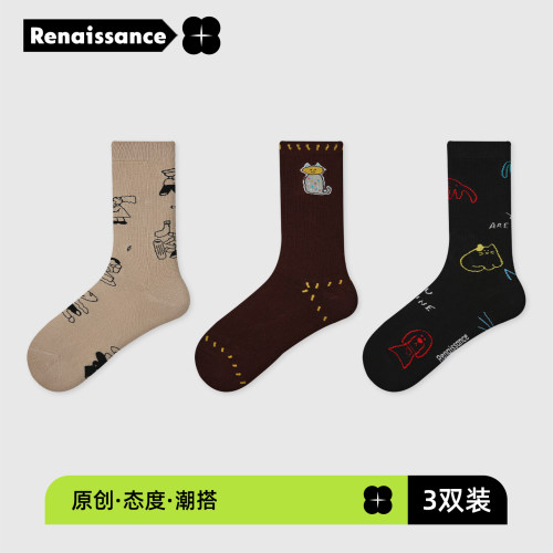 R9102插画风秋季中筒袜