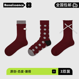简约纯色棉袜长袜显瘦安可拉红堆堆蝴蝶结 酒红色袜子女中筒袜韩式