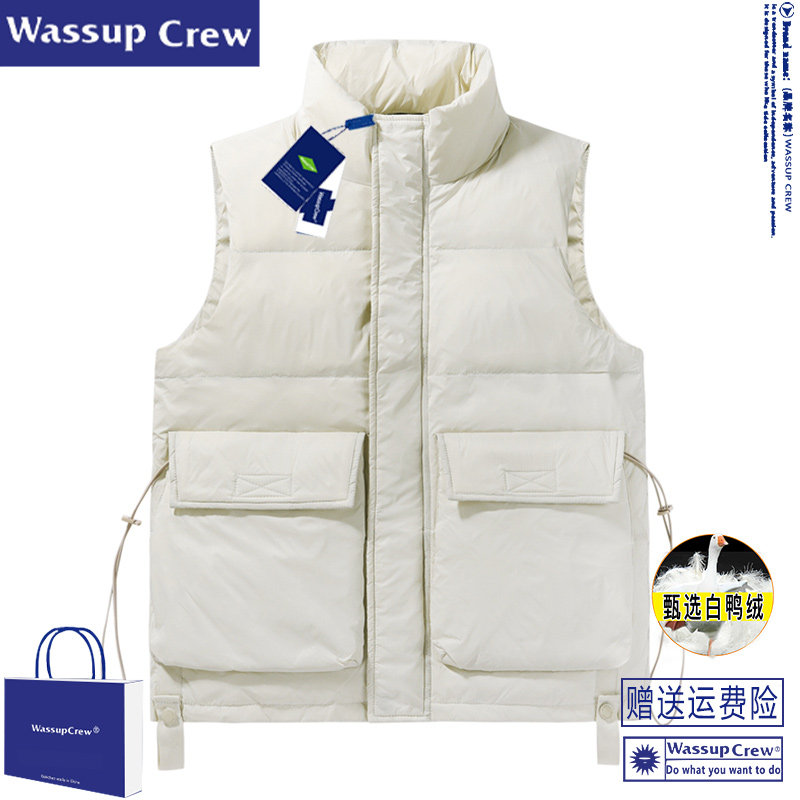 WASSUP CREW 다운 조끼 남성용 2022 겨울 신작 작업복 민소매 조끼 조끼 조끼 자켓 인