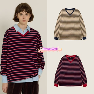 现货 sienne 朴秀荣JOY同款字母刺绣宽松V领条纹长袖卫衣打底衫女