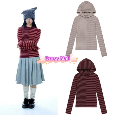 学院风条纹修身T恤连帽连帽卫衣