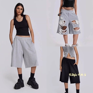 Jaded London 26新款复古毛边破洞街头松紧腰宽松休闲短裤七分裤