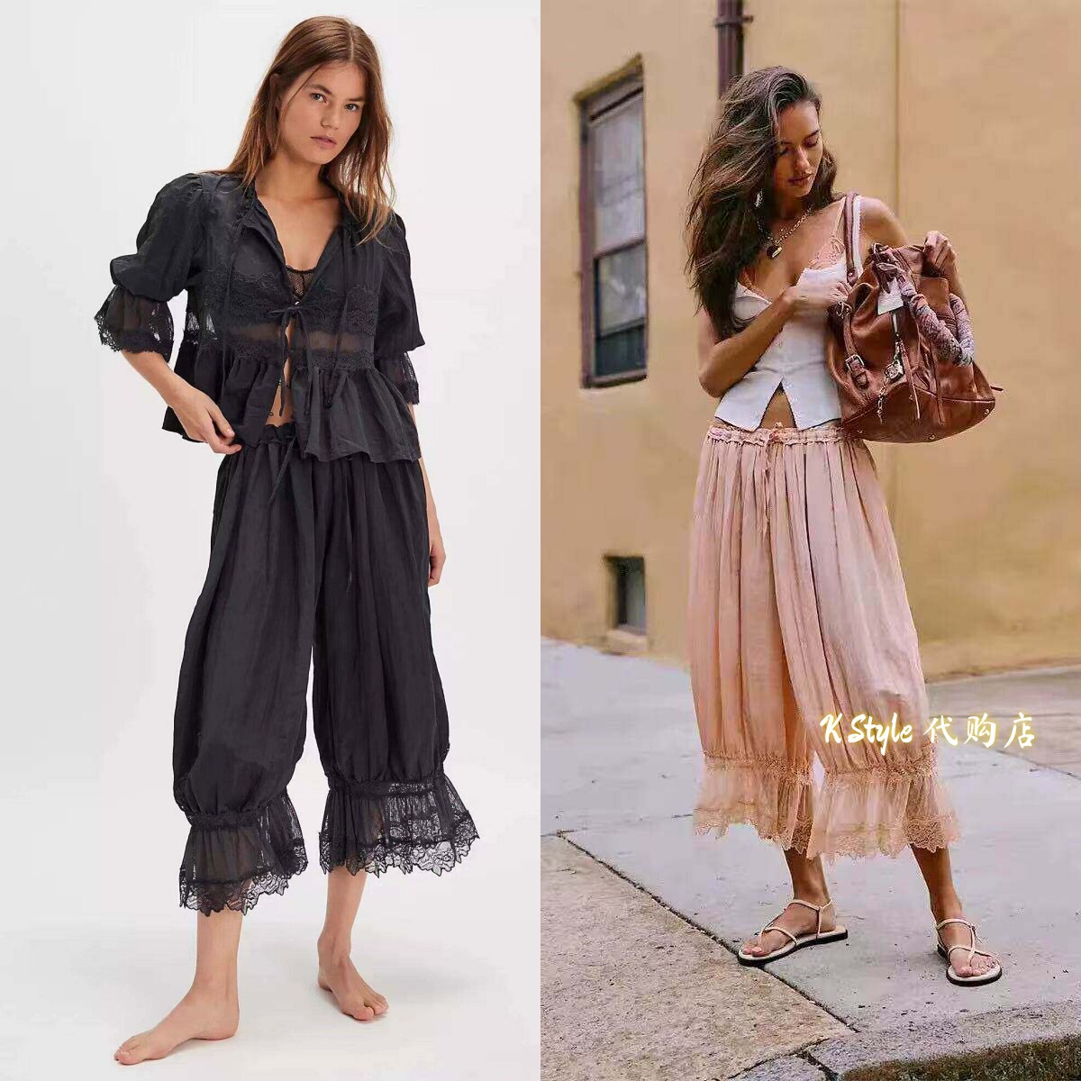 现货Free people 欧美时尚松紧腰蕾丝花边宽松灯笼裤八分裤休闲裤图片