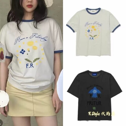 在途现货 fritur 26夏新款简约蒲公英印花圆领撞色短袖T恤上衣女