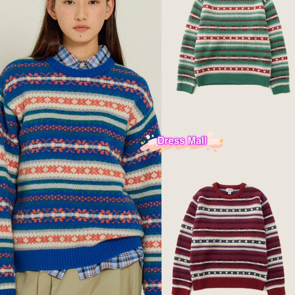 羊毛圆领套头提花配色毛衣