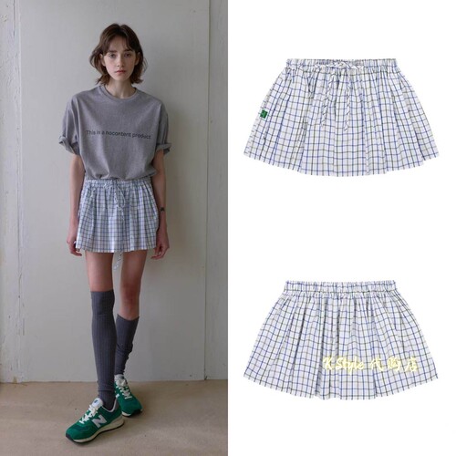 现货秒发 nocontent 26夏季新款 百搭格纹松紧腰抽绳短裙半身裙女