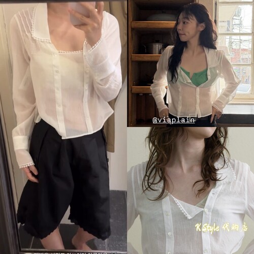 在途现货 viaplain 26夏季新款方领蕾丝绑带衬衫上衣