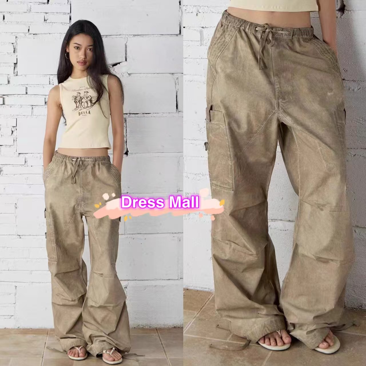 脏染宽松束带口袋降落伞裤工装裤