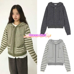 连帽针织开衫 现货 休闲风拼色条纹短款 25秋冬新款 毛衣外套女 aeae