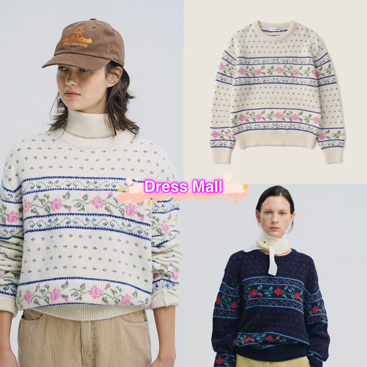 小众玫瑰提花圆领针织衫毛衣女