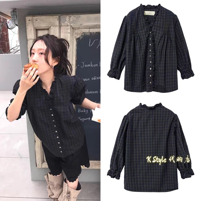 现货 viaplain 26春夏新款复古格子衬衣荷叶边褶皱百搭显瘦衬衫
