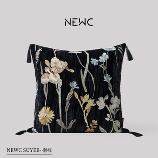新宸优品 高端新中式刺绣抱枕客厅沙发会所别墅茶室黑色丝绒靠垫