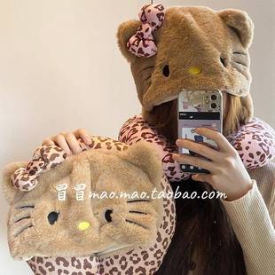 黑kitty豹纹U型枕带帽子旅飞机高行铁护颈皮午休睡眠遮LAG枕光头