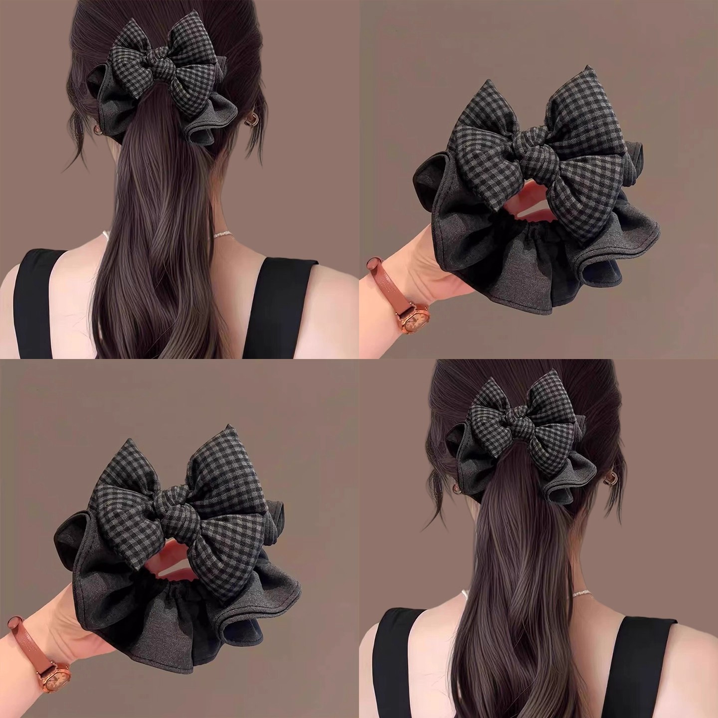 马尾黑灰格纹蝴蝶结大肠发圈女皮筋女扎头发绳高端头绳高级感发饰
