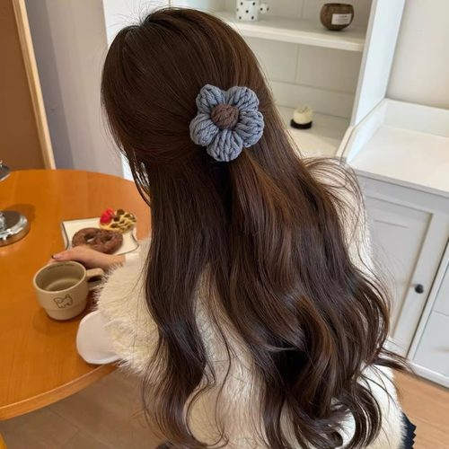 毛线花朵丝绒发绳甜美气质大肠发圈秋冬氛围感头绳针织皮筋女扎头