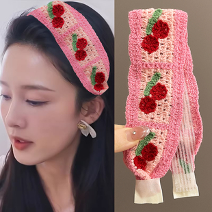 粘粘贴魔术贴头发贴刘海贴魔法贴田园樱桃针织发带洗脸发箍女头饰