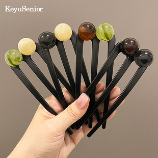 三齿高级感珠珠U型发簪女2025新款丸子头簪子后脑勺盘发固定发钗