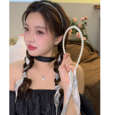 清冷感玫瑰印花发箍一体女珍珠新中式丝巾飘带绑发带头箍编发丝带