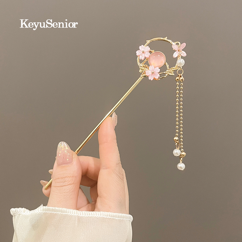 儿童发簪女古风汉服国风步摇头饰流苏梦幻迷离猫眼石粉色发钗发饰