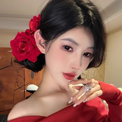 caro同款红色玫瑰花发夹女抓夹侧边鸭嘴夹子大花朵高级感头饰头花