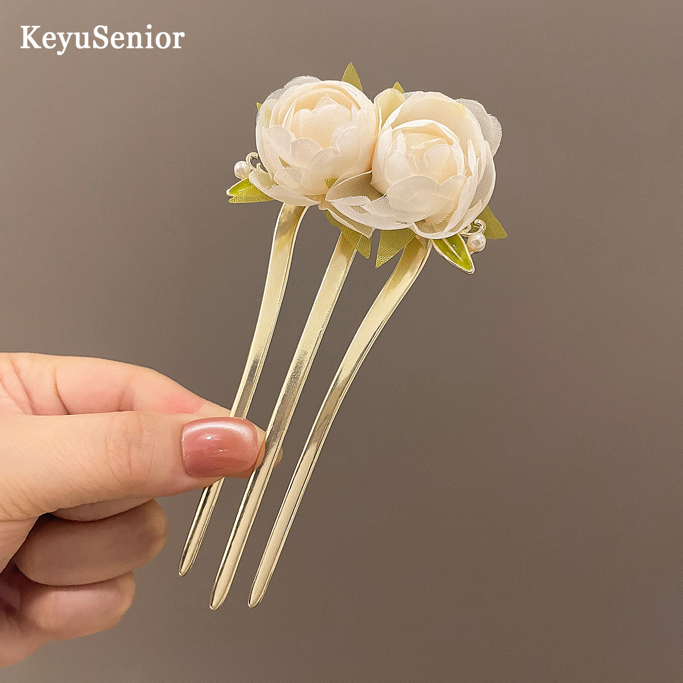 三齿发簪古风女盘发神器头饰发钗子新中式牡丹花朵高级感插梳发梳