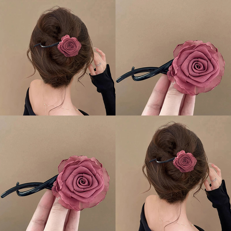 干枯玫瑰扭扭夹盘发后脑勺抓夹一字夹子头饰发卡鲨鱼夹安全替代品