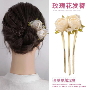 三齿发簪古风女盘发头饰发钗子新中式花朵高级感插梳u型发夹发梳