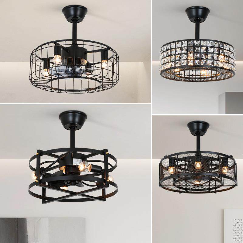 新款直销复古风扇灯美式时尚客厅吊扇灯家用餐厅卧室铁笼一体风扇