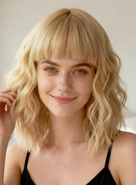 新款直销欧美外贸假发女化纤机制中长卷发齐肩玉米烫wigs头套跨境