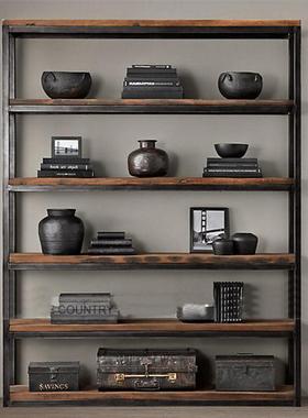 新款直销loft美式铁艺置物架复古实木书架落地书柜展示架货架厨房