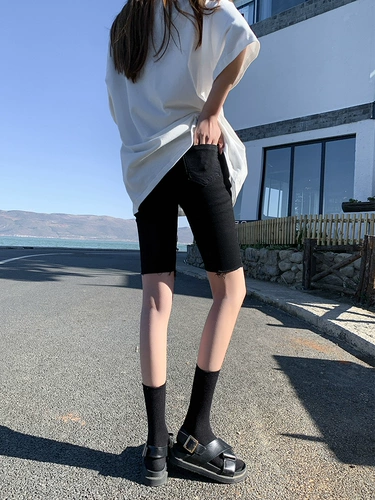 Брендовые джинсы, шорты, эластичные черные штаны, популярно в интернете, высокая талия, облегающий крой, в обтяжку, свободный прямой крой