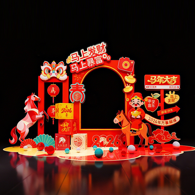 2026新年春节美陈道具中式红色拍照框装饰背景板商业美陈道具