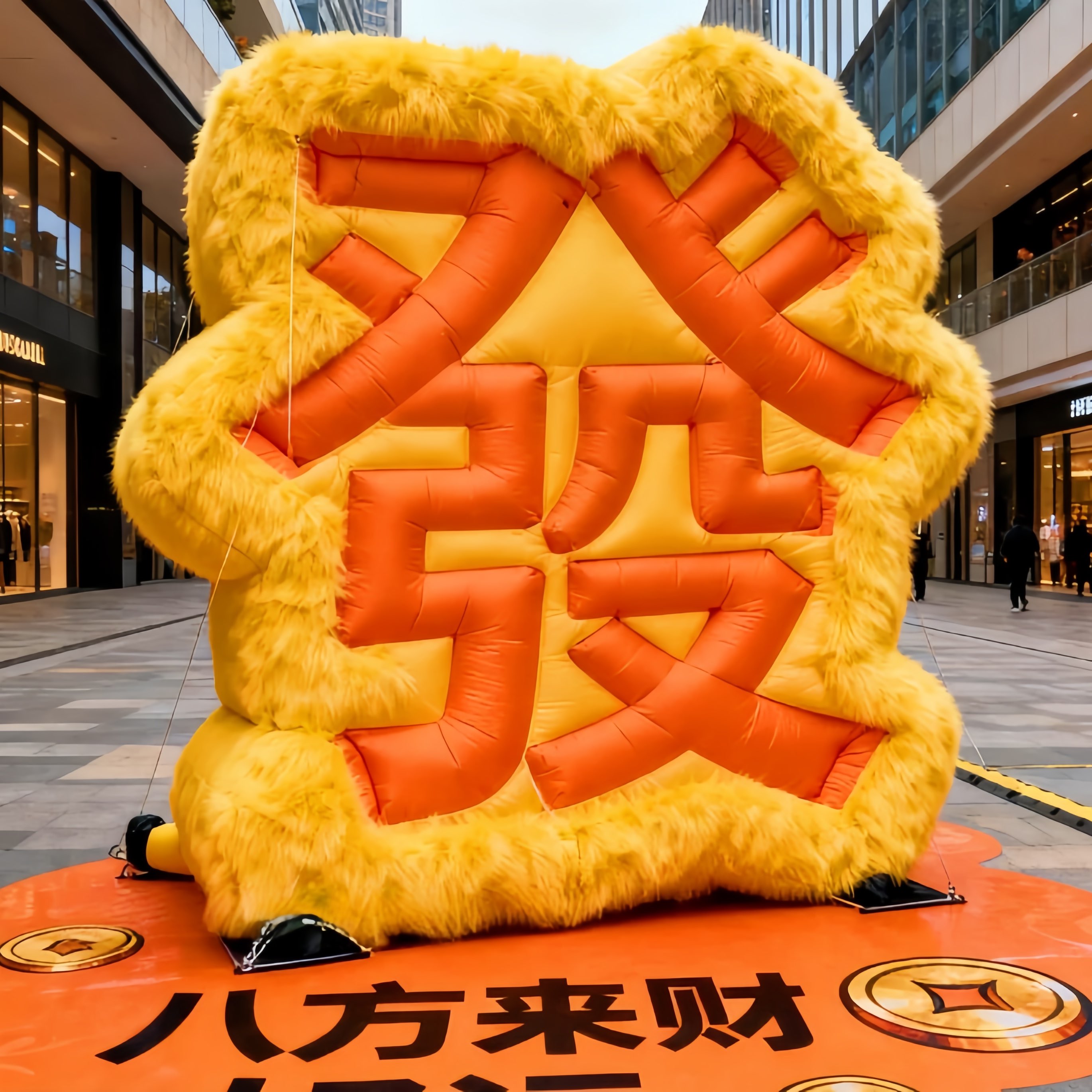 网红新年装饰户外景区发财大型充气气模黄色毛绒造型户外装饰道具