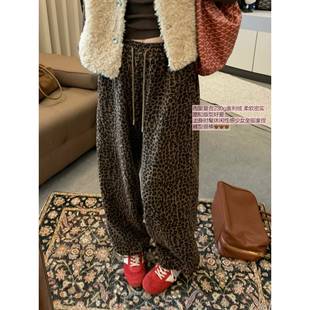 2026ins韩版加绒豹纹束脚松紧高腰休闲卫裤女宽松百搭