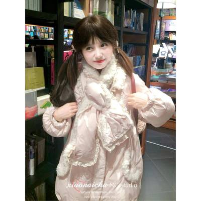 甜美风粉色羊羔毛娃娃领羽绒棉服外套女秋冬季小个子宽松加厚棉衣
