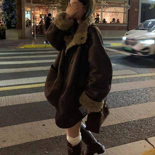 两面穿羊羔毛外套女冬中长款宽松皮毛一体机车棉服高级感保暖大衣