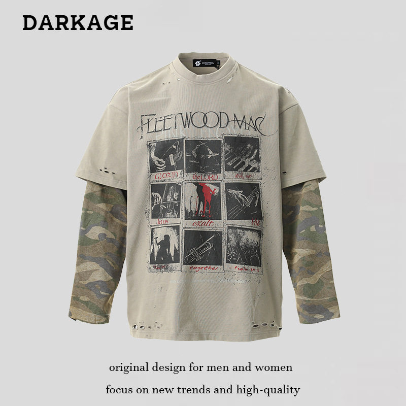 新款美式复古迷彩假两件长袖t恤春夏季重磅男女宽松休闲衬衫